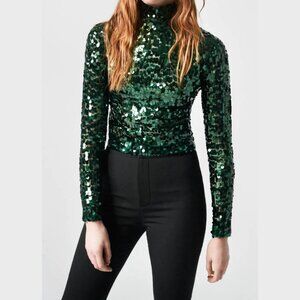 Smythe Block Pailettes Mock Neck Top in Green, size Small (fits XS/S)